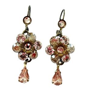 Michal Negrin Peach Swarovski Crystal Flower Tear Drop Earrings Victorian Y2K